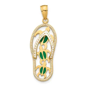 14k Yellow Gold Enamel Cut-out Flip Flop w/ Sea Turtles Pendant