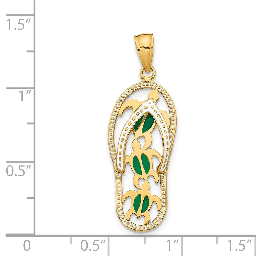 14k Yellow Gold Enamel Cut-out Flip Flop w/ Sea Turtles Pendant