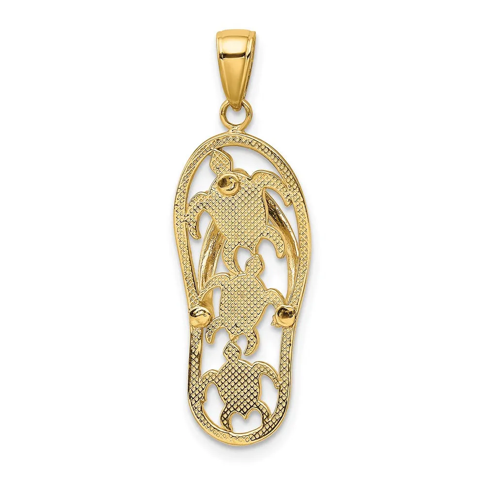 14k Yellow Gold Enamel Cut-out Flip Flop w/ Sea Turtles Pendant