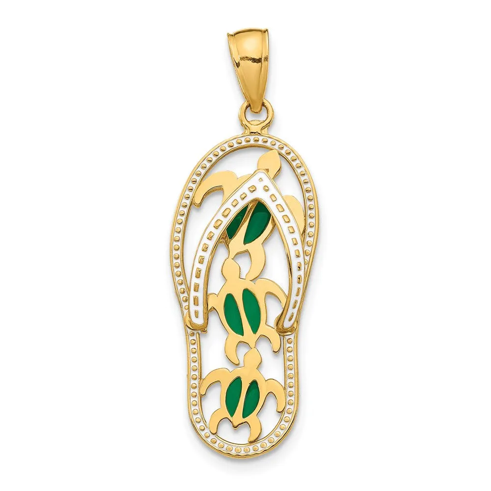 14k Yellow Gold Enamel Cut-out Flip Flop w/ Sea Turtles Pendant