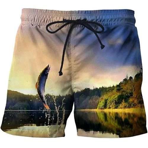 2019 summer men's fish-print beach shorts 3D printed fashion men's shorts fitness pants Asian size s-6xl