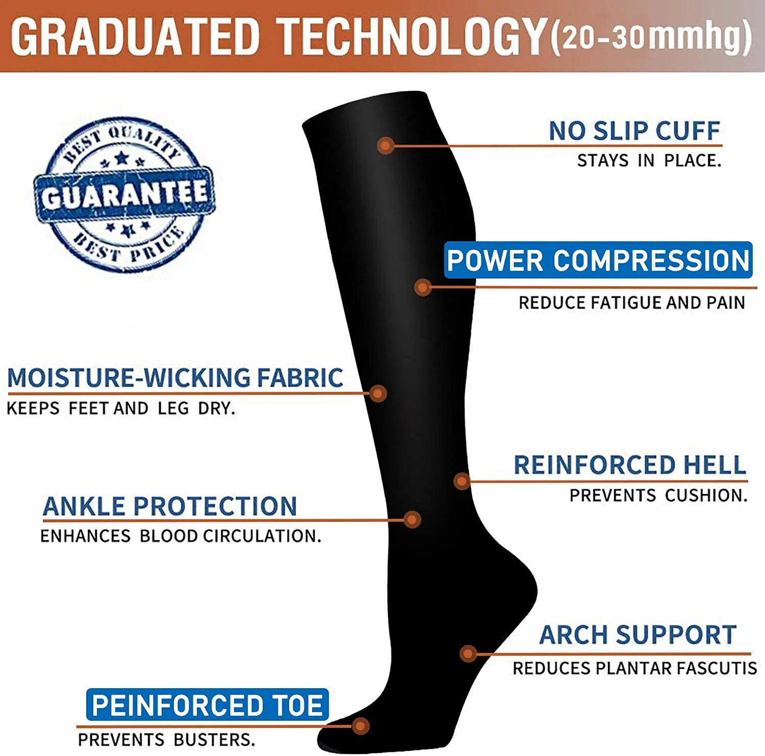 4-Pairs Black Compression Socks for Man and Woman (15-20 mmHG）| ACTINPUT