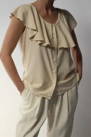 90s Cream Raw Silk Ruffled Blouse