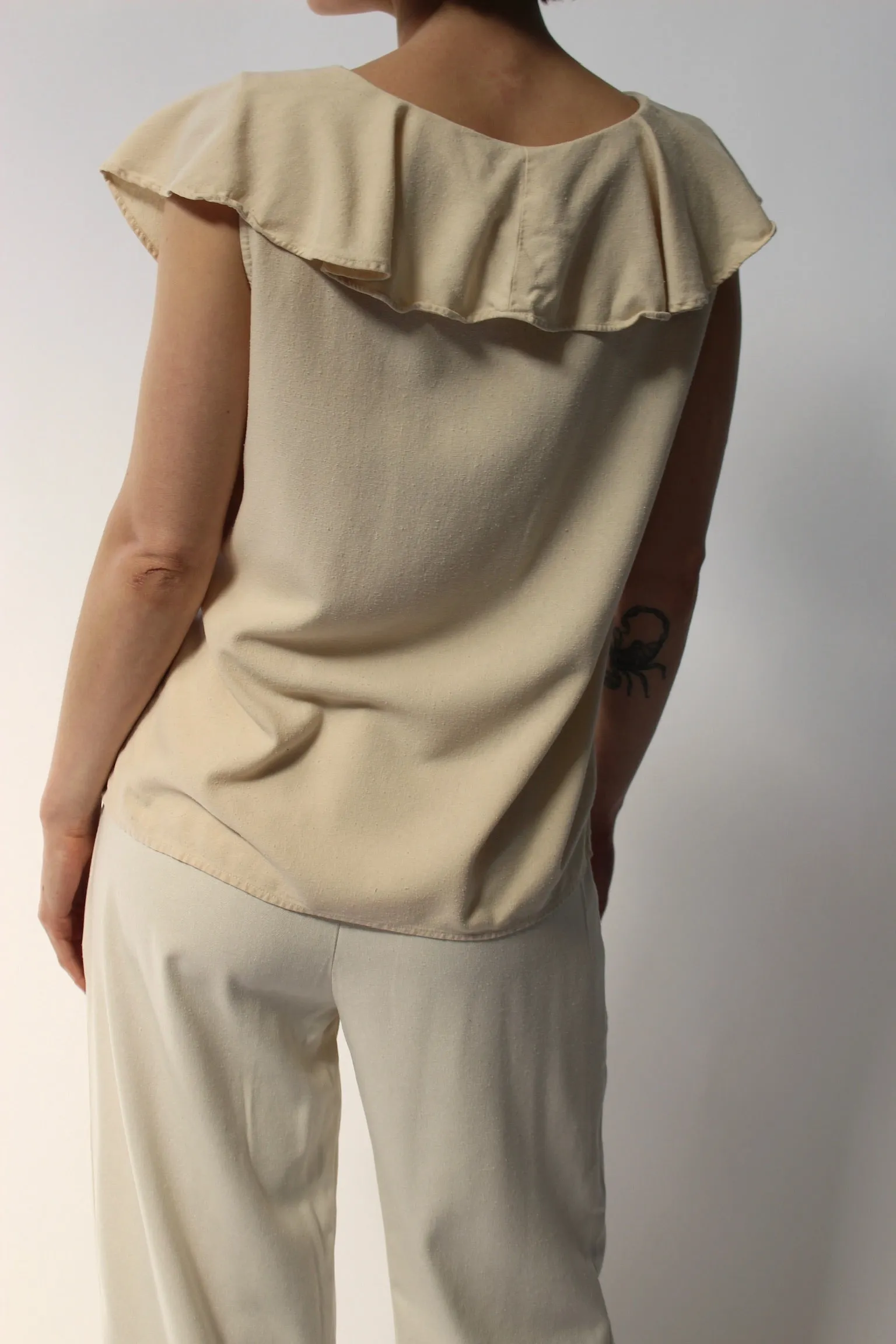 90s Cream Raw Silk Ruffled Blouse