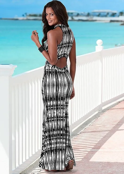 (A)  Black & White Tie Maxi Dress