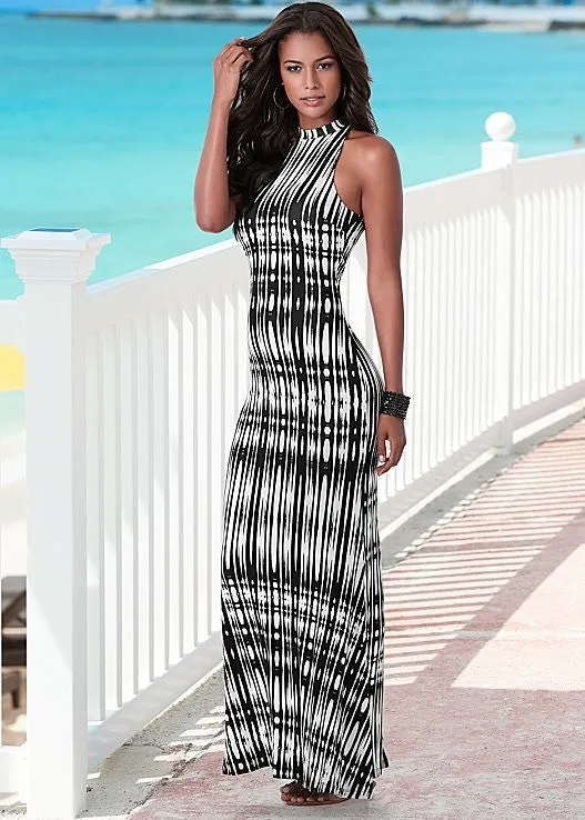 (A)  Black & White Tie Maxi Dress