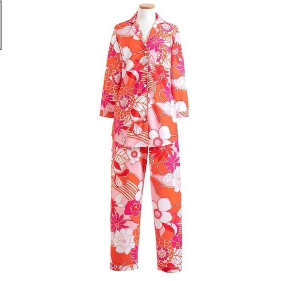 Annie Selke x Pine Cone Hill Far Out Floral Tangerine Womens Pajamas Size XS