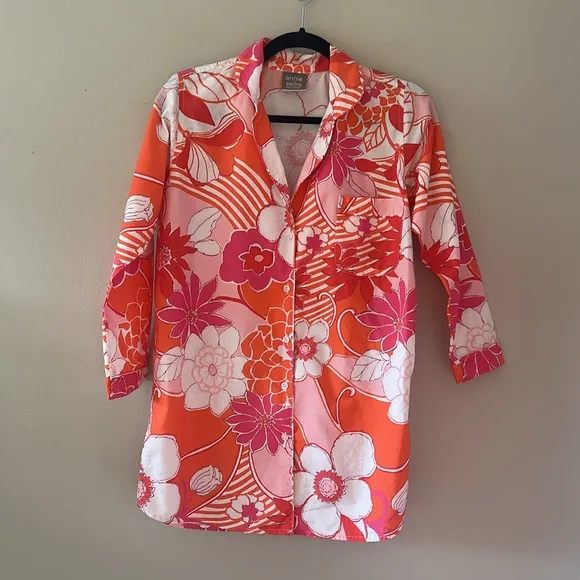 Annie Selke x Pine Cone Hill Far Out Floral Tangerine Womens Pajamas Size XS