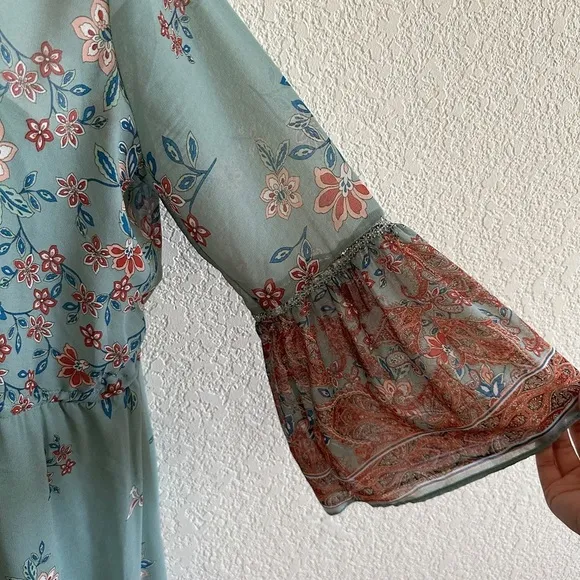 Anthropologie Willow &amp; Clay Blue Floral Boho Paisley Maxi Dress  Bell Sleeves