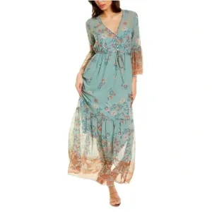 Anthropologie Willow &amp; Clay Blue Floral Boho Paisley Maxi Dress  Bell Sleeves
