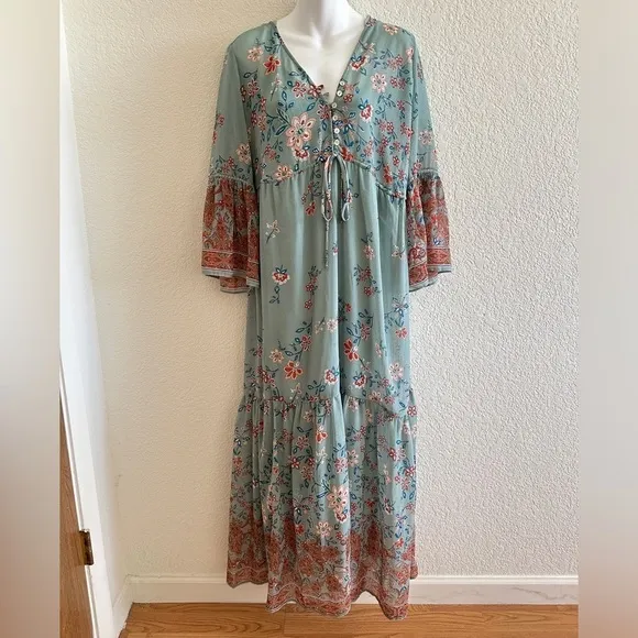 Anthropologie Willow &amp; Clay Blue Floral Boho Paisley Maxi Dress  Bell Sleeves