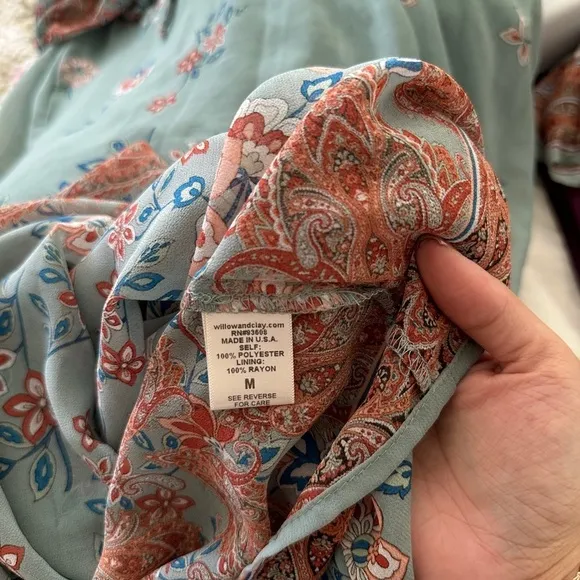 Anthropologie Willow &amp; Clay Blue Floral Boho Paisley Maxi Dress  Bell Sleeves