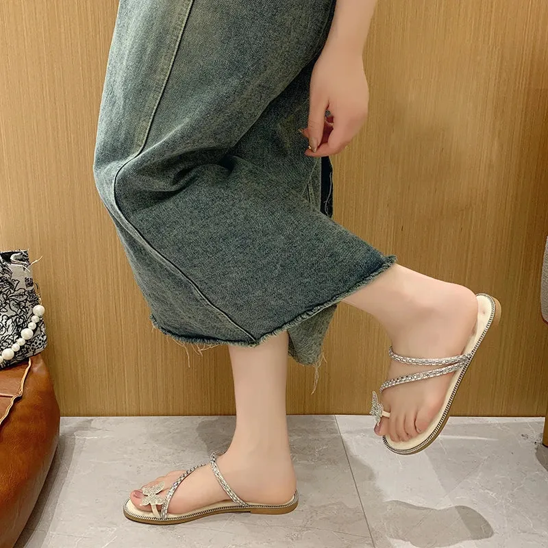 Aphixta Luxury Crystal Straps Summer Beach Shoe Flat With Flip Flop Slippers Sweet Bow Mulers Outside Sandals Shoe Slides Size43