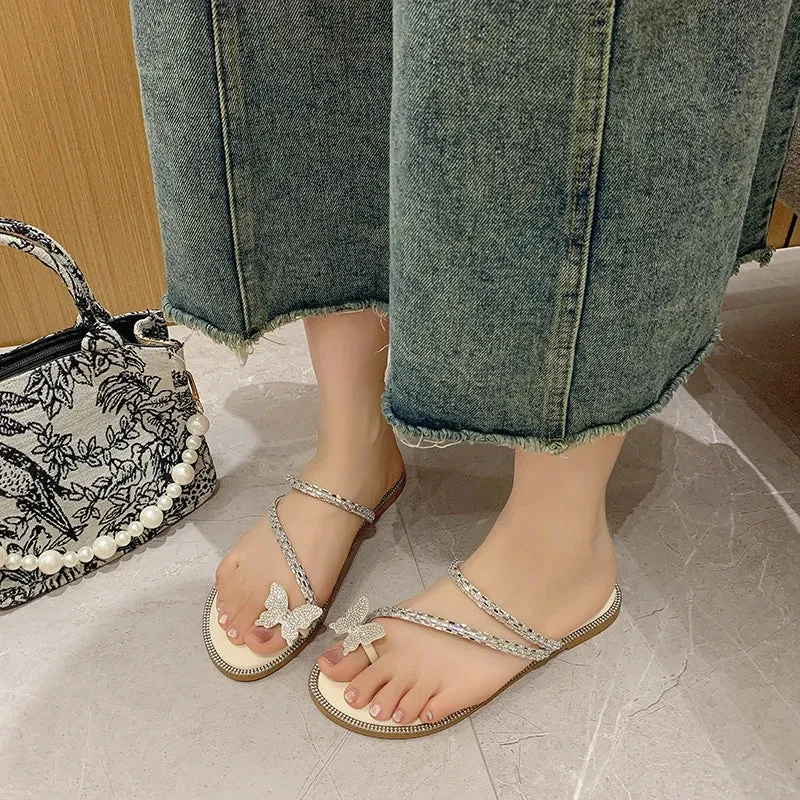 Aphixta Luxury Crystal Straps Summer Beach Shoe Flat With Flip Flop Slippers Sweet Bow Mulers Outside Sandals Shoe Slides Size43