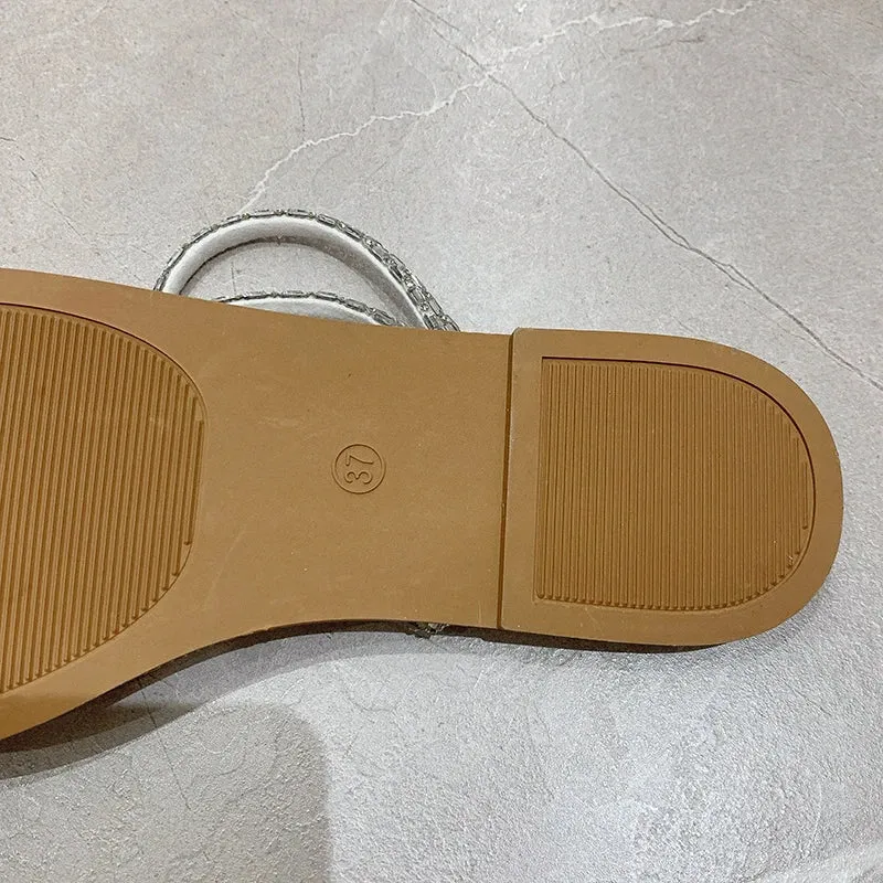 Aphixta Luxury Crystal Straps Summer Beach Shoe Flat With Flip Flop Slippers Sweet Bow Mulers Outside Sandals Shoe Slides Size43