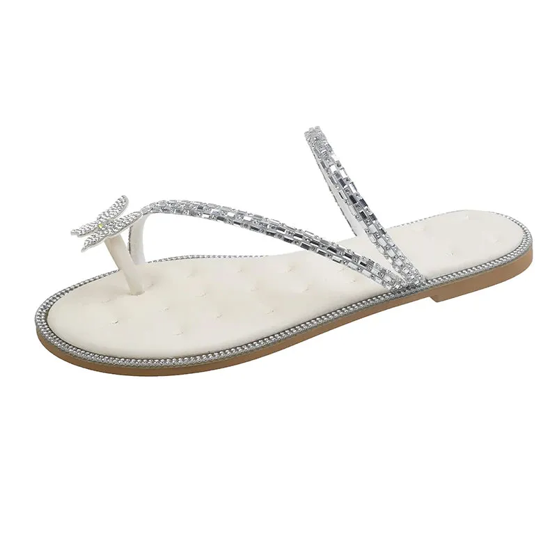 Aphixta Luxury Crystal Straps Summer Beach Shoe Flat With Flip Flop Slippers Sweet Bow Mulers Outside Sandals Shoe Slides Size43