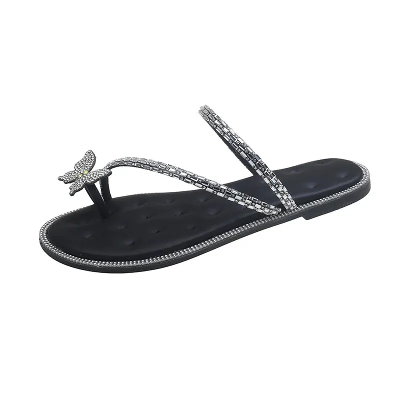 Aphixta Luxury Crystal Straps Summer Beach Shoe Flat With Flip Flop Slippers Sweet Bow Mulers Outside Sandals Shoe Slides Size43