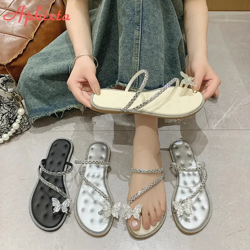 Aphixta Luxury Crystal Straps Summer Beach Shoe Flat With Flip Flop Slippers Sweet Bow Mulers Outside Sandals Shoe Slides Size43