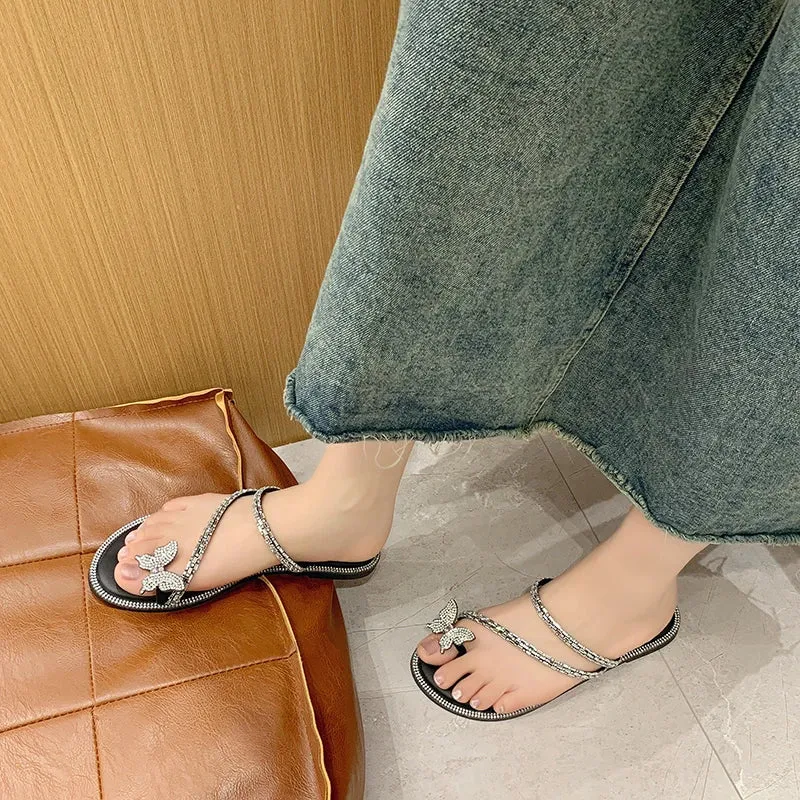 Aphixta Luxury Crystal Straps Summer Beach Shoe Flat With Flip Flop Slippers Sweet Bow Mulers Outside Sandals Shoe Slides Size43