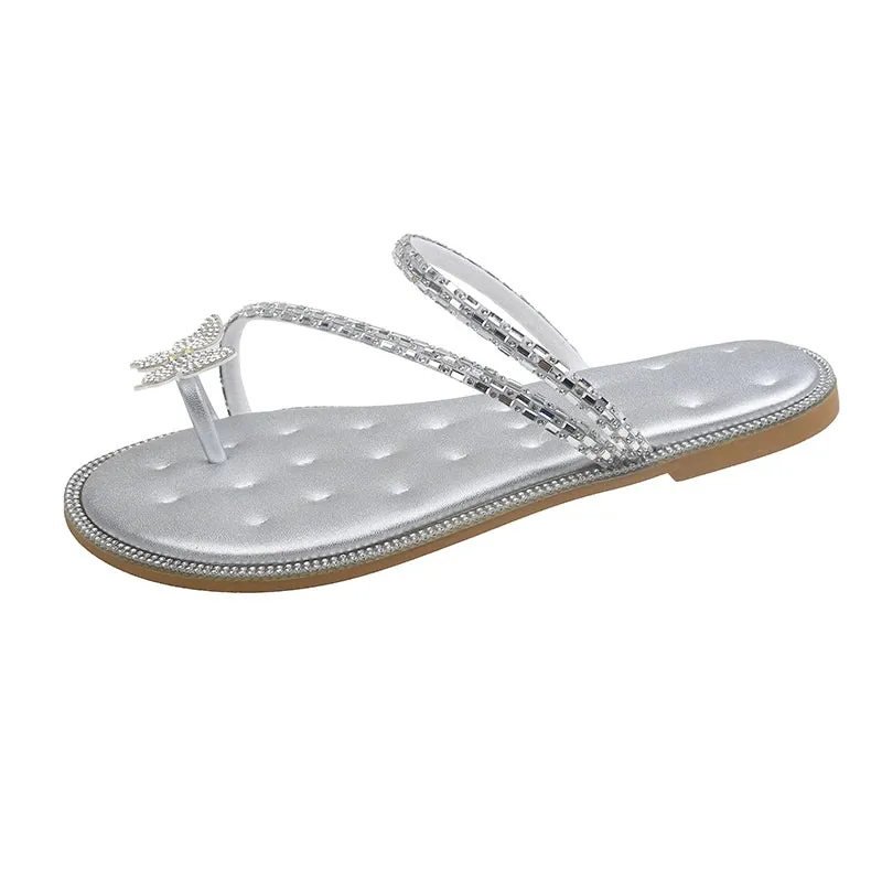 Aphixta Luxury Crystal Straps Summer Beach Shoe Flat With Flip Flop Slippers Sweet Bow Mulers Outside Sandals Shoe Slides Size43