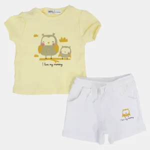 Baby Girls Cotton Pajama Set – Yellow with Owls & "I Love My Mommy" Print