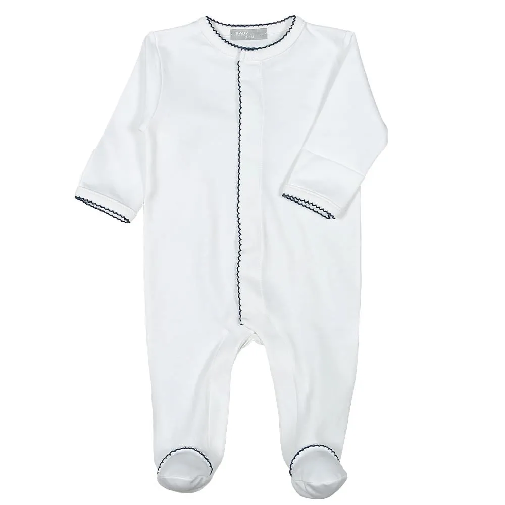 Baby Loren Pima Footie - White w/ Navy Trim
