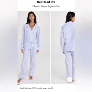Bed Head Pjs Blue White Stripe Organic Cotton Long Sleeve Classic PJ Set XS