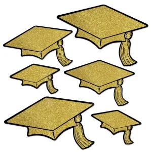 Beistle Glittered Foil Grad Cap Cutouts - Gold Asstd (6/Pkg) Party Supply Decoration : Graduation