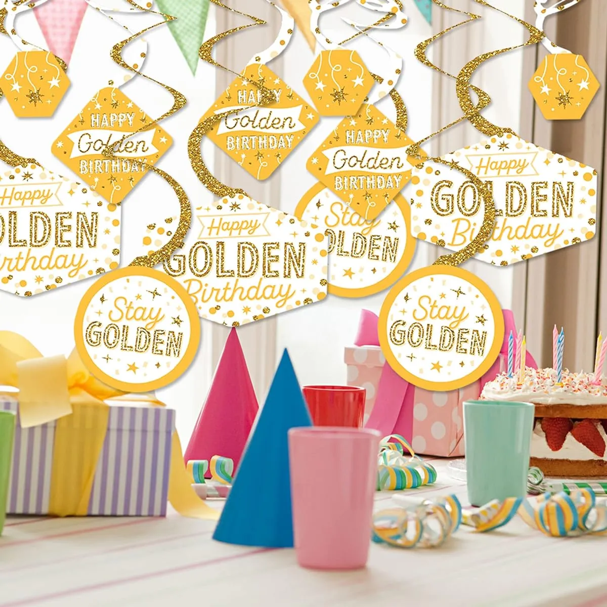Big Dot of Happiness Golden Birthday - Happy Birthday Party Hanging Decorations - Party Decoration Swirls - Set of 40