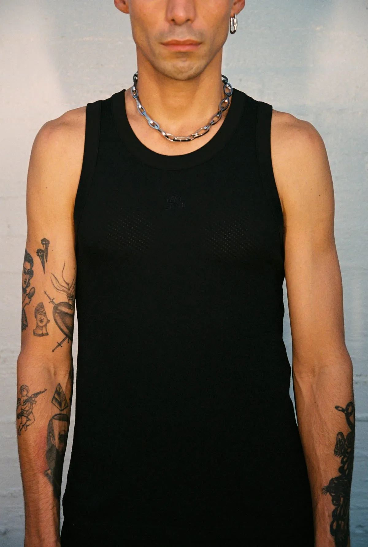 Black Cotton Mesh Singlet