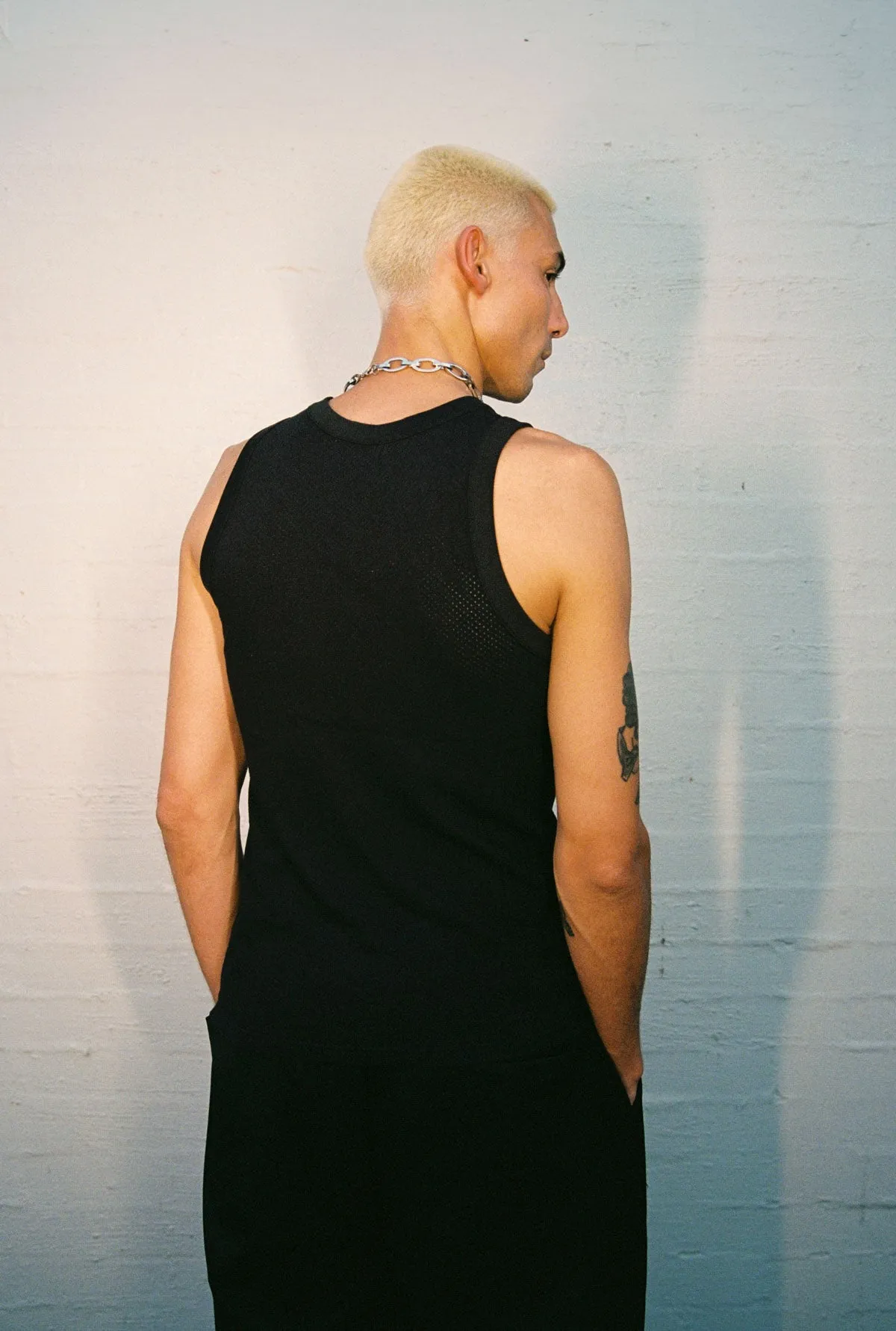 Black Cotton Mesh Singlet