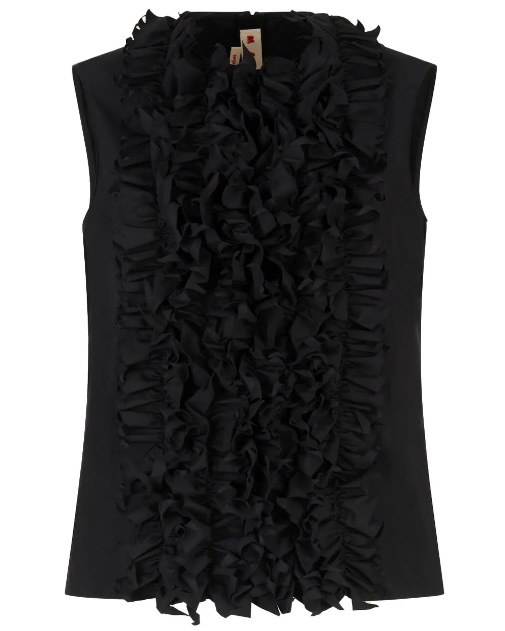 Black Sleeveless Ruffle Front Blouse