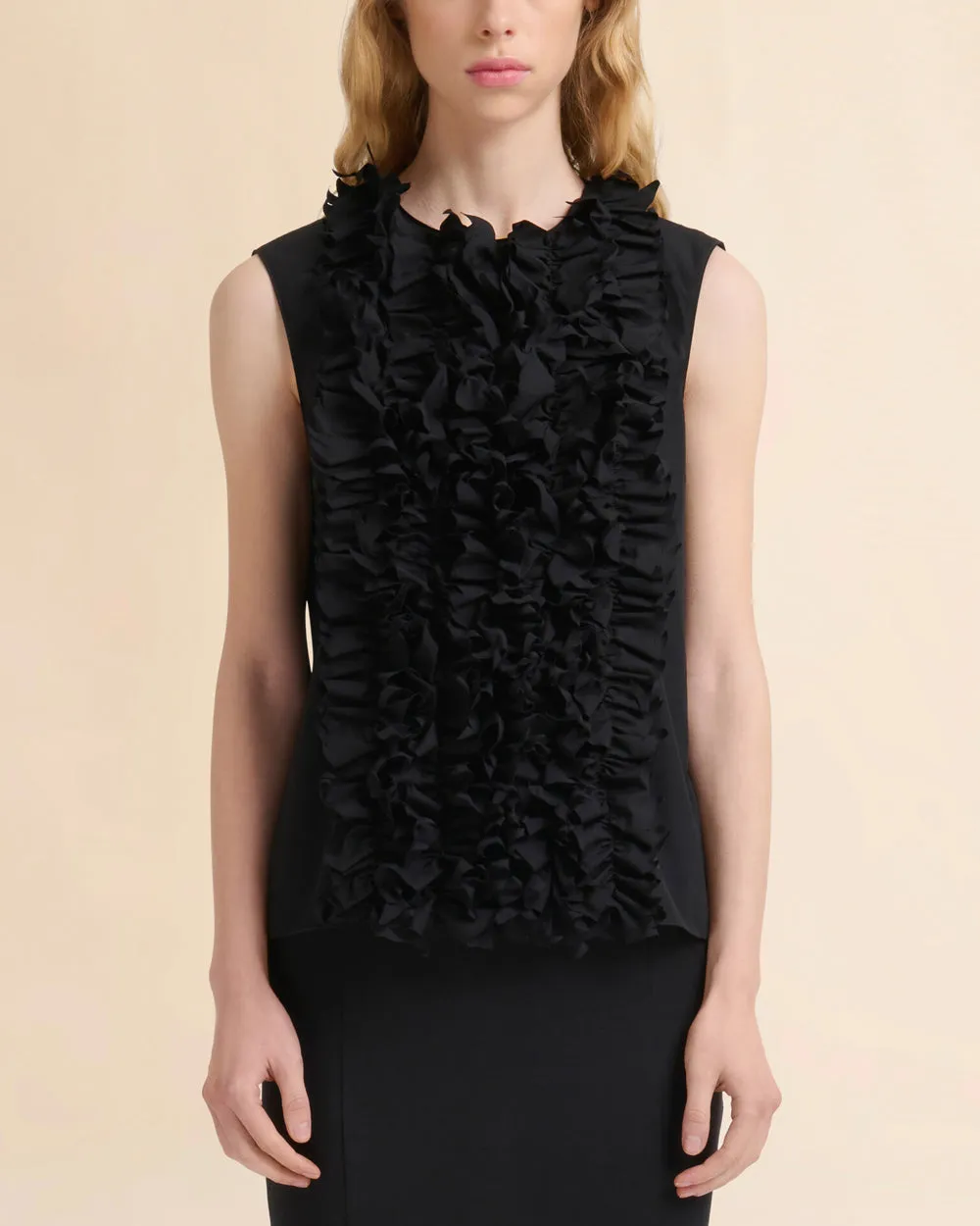 Black Sleeveless Ruffle Front Blouse