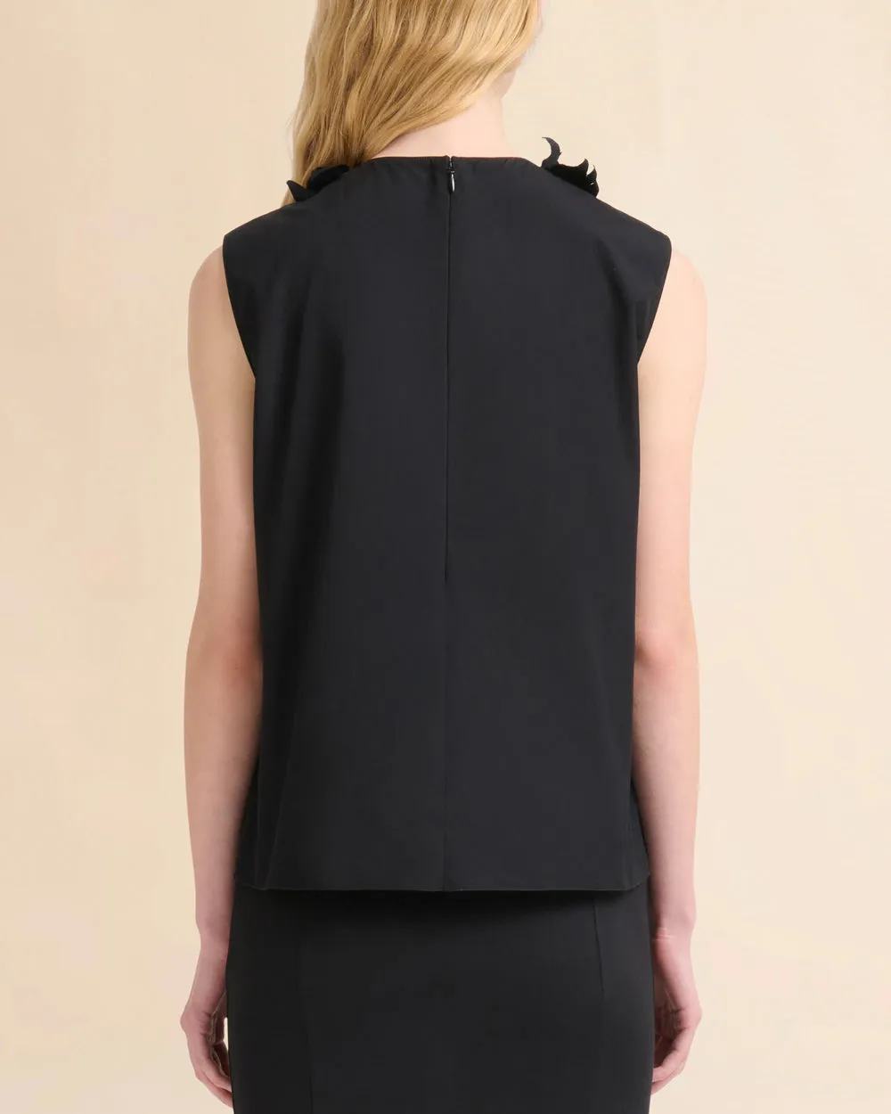Black Sleeveless Ruffle Front Blouse
