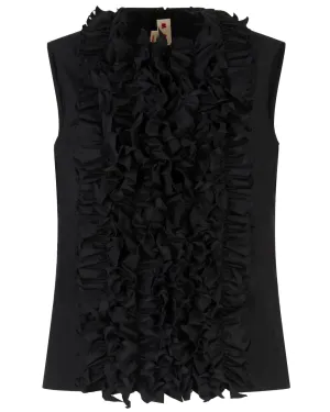 Black Sleeveless Ruffle Front Blouse