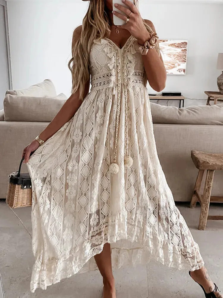 Bohemian Lace Long Summer Dress Solid Color Deep V-Neck Sleeveless Beachwear High Waist A-Line Wild Sling Dress