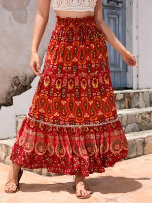Boho Smocked Waistband Maxi Skirt in Parsley Print