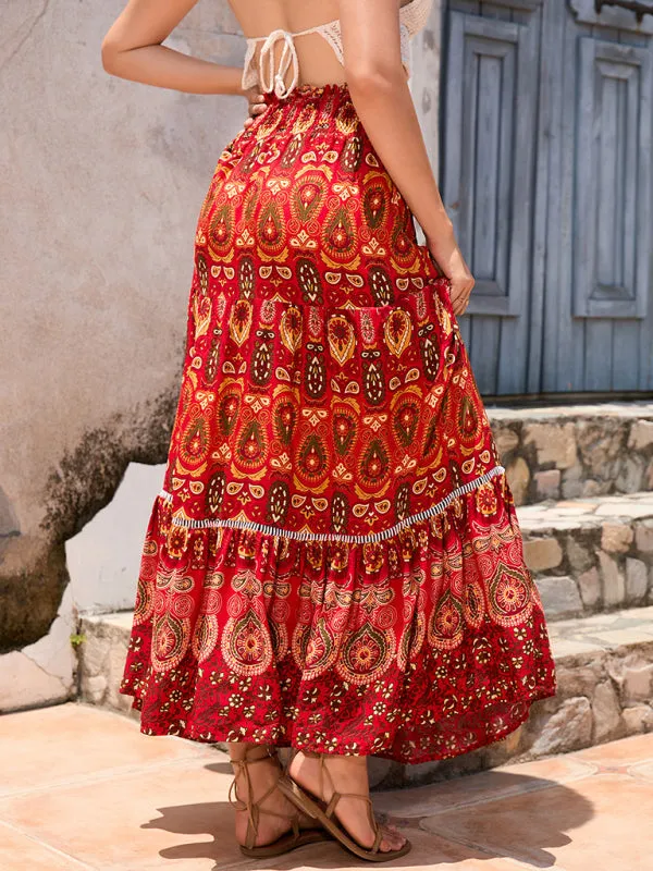 Boho Smocked Waistband Maxi Skirt in Parsley Print