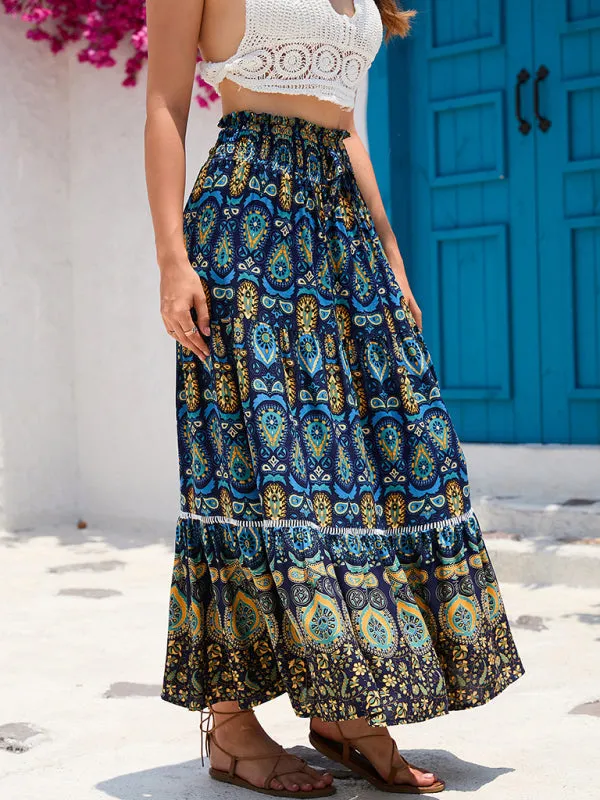 Boho Smocked Waistband Maxi Skirt in Parsley Print
