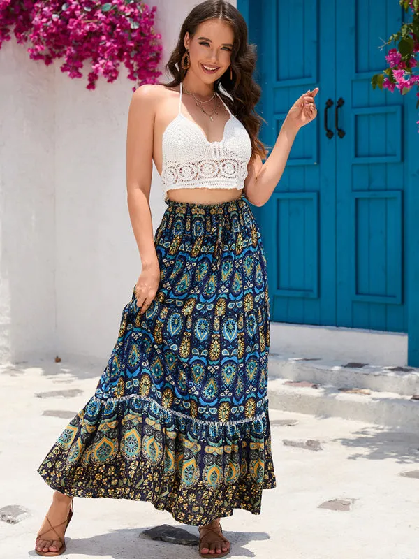 Boho Smocked Waistband Maxi Skirt in Parsley Print