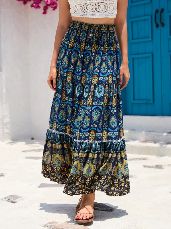Boho Smocked Waistband Maxi Skirt in Parsley Print