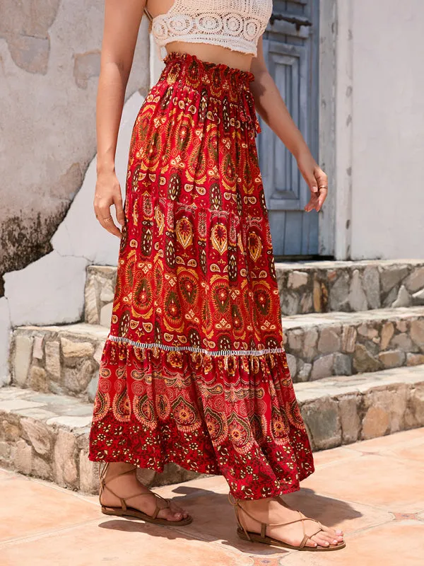 Boho Smocked Waistband Maxi Skirt in Parsley Print