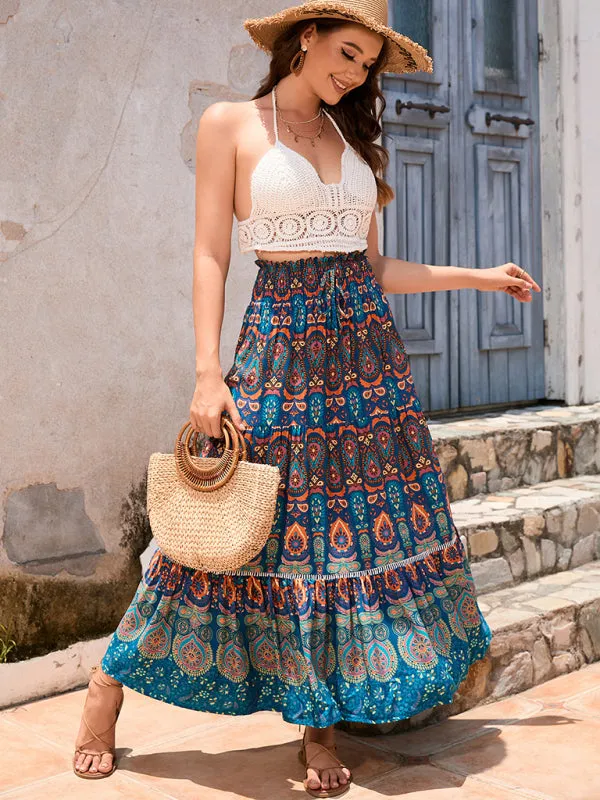 Boho Smocked Waistband Maxi Skirt in Parsley Print