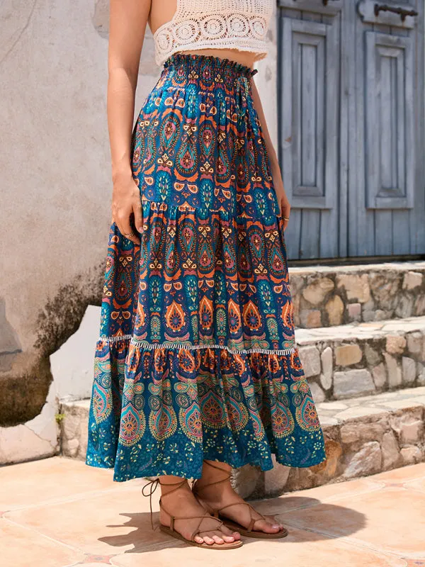 Boho Smocked Waistband Maxi Skirt in Parsley Print