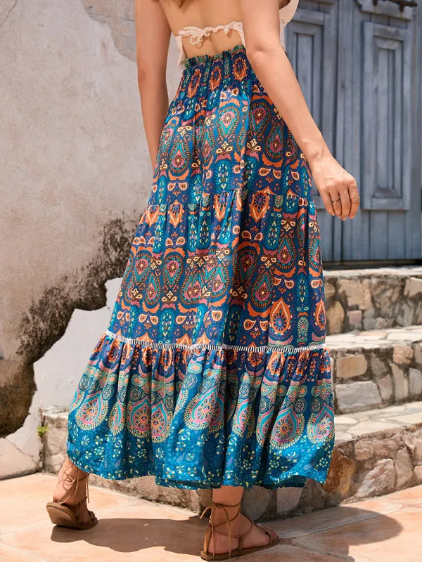 Boho Smocked Waistband Maxi Skirt in Parsley Print