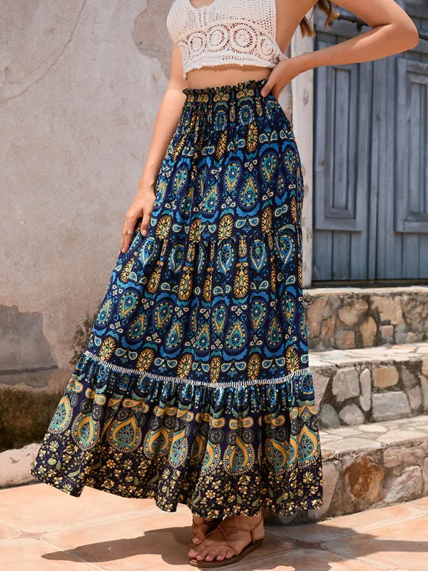 Boho Smocked Waistband Maxi Skirt in Parsley Print