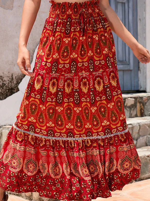 Boho Smocked Waistband Maxi Skirt in Parsley Print