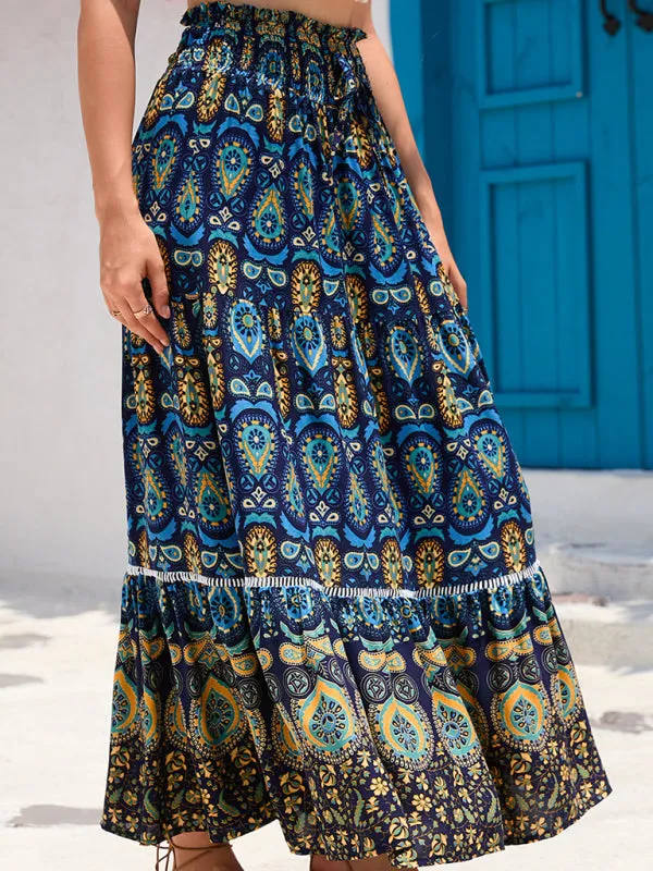 Boho Smocked Waistband Maxi Skirt in Parsley Print