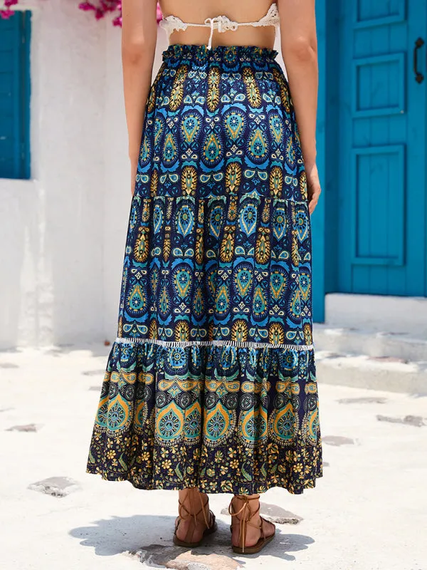 Boho Smocked Waistband Maxi Skirt in Parsley Print