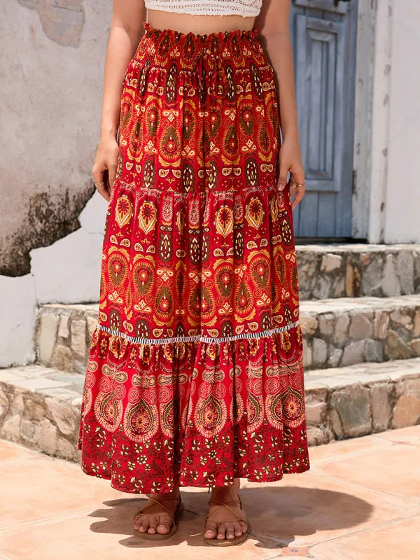 Boho Smocked Waistband Maxi Skirt in Parsley Print